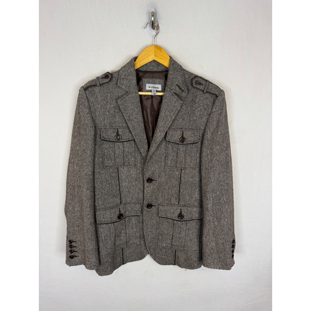 Le Chateau Mens Brown Tweed Military Safari Blazer Jacket Size M Epaulets